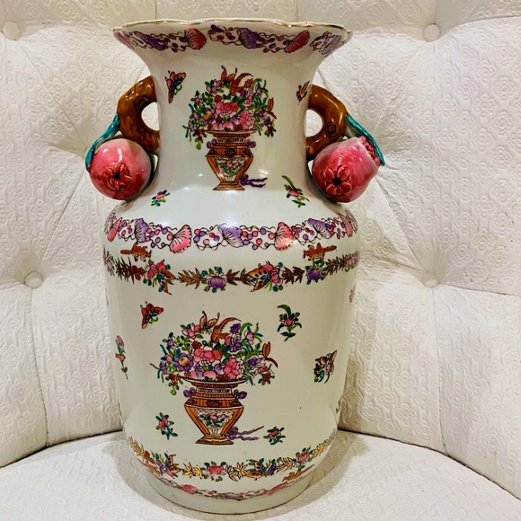 EXTRA LARGE Vintage Hand Painted Chinoiserie Fruit & Floral Vase Decor